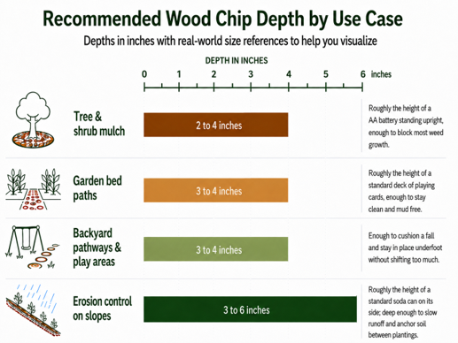 Recommended wood chip depths infographic showing 2–4 inches for tree and shrub mulch, 3–4 inches for garden beds and pathways, 3–4 inches for backyard pathways and play areas, and 3–6 inches for erosion control on slopes.